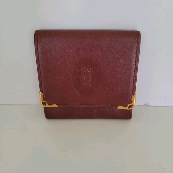 Cartier Vintage Mini Coin Holder Wallet Bordeaux Leather Small Red Burgundy Logo - Picture 1 of 7